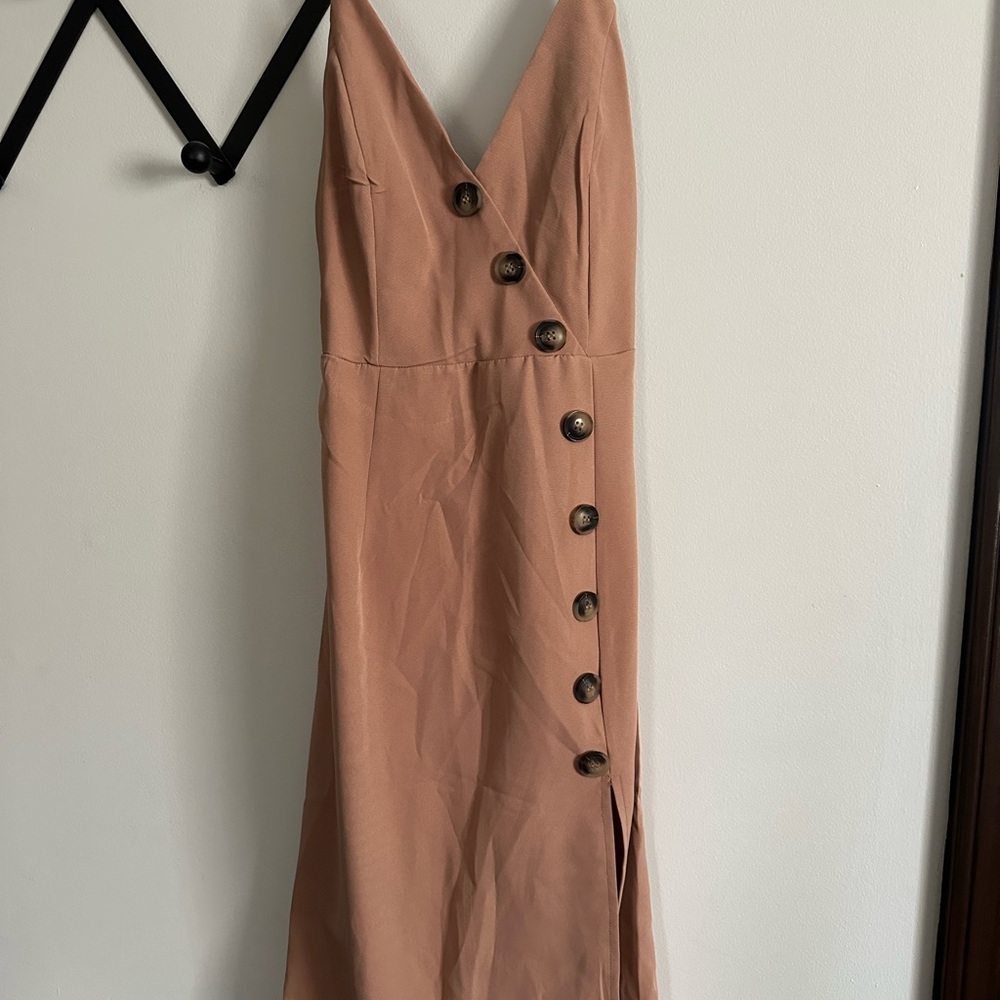 Beige Midi Dress with Side Buttons